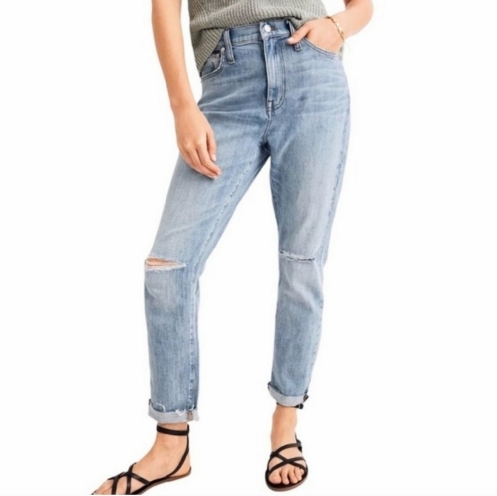 Madewell The High-Rise‎ Slim Crop Boy Jeans Size 30 Distressed Knees Raw Hem